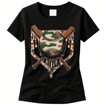 Baseball Drip For Ice Cream Dripping Baseball Camo Womens T-Shirt