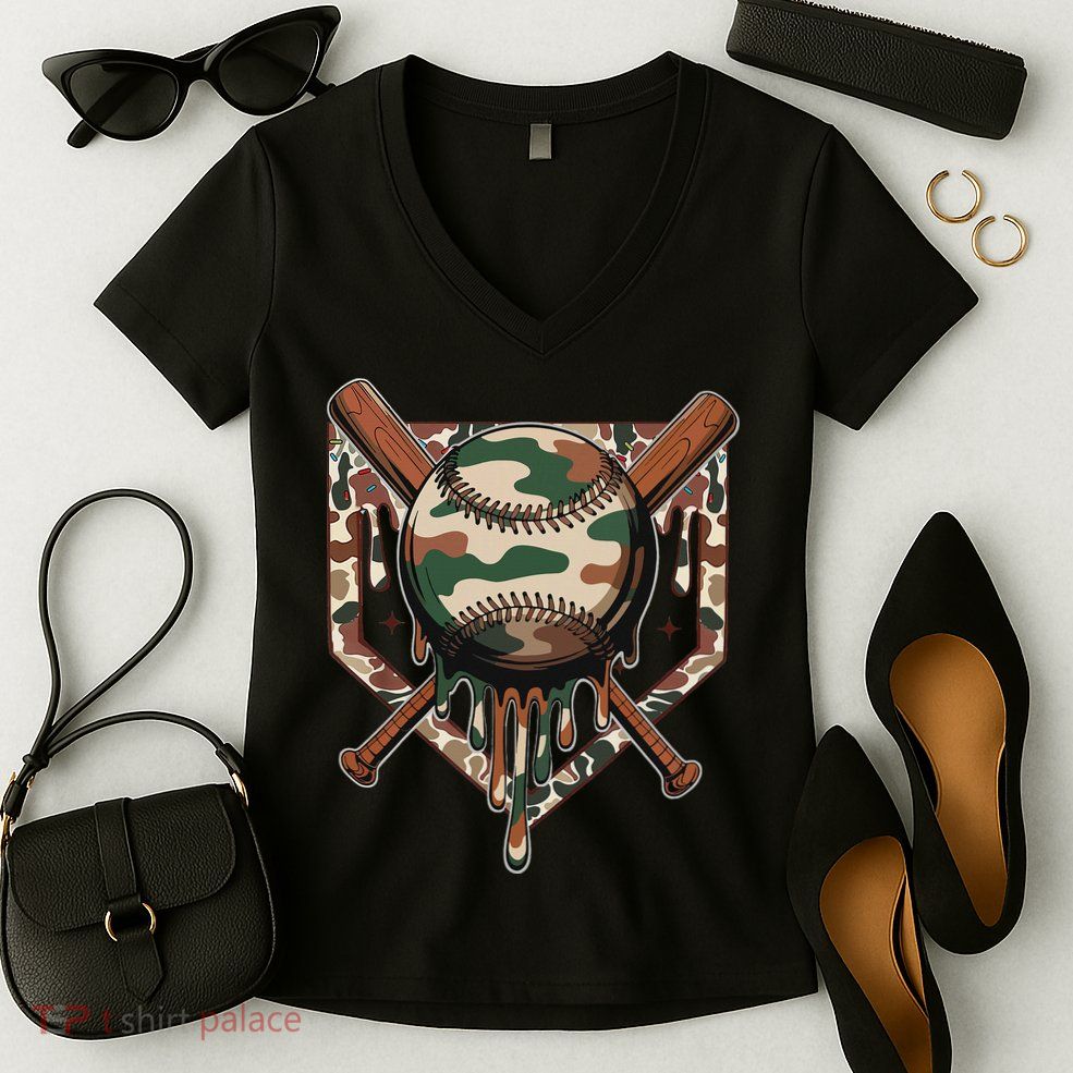 Baseball Drip For Ice Cream Dripping Baseball Camo Women's V-Neck T-Shirt