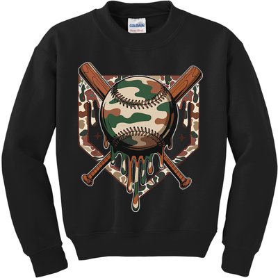 Baseball Drip For Ice Cream Dripping Baseball Camo Kids Sweatshirt
