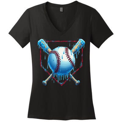 Baseball Drip For Home Plate Ice Cream Drip Funny Women's V-Neck T-Shirt