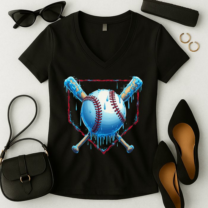 Baseball Drip For Home Plate Ice Cream Drip Funny Women's V-Neck T-Shirt