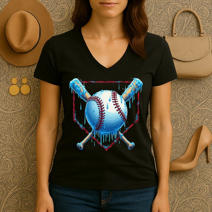 Baseball Drip For Home Plate Ice Cream Drip Funny Women's V-Neck T-Shirt