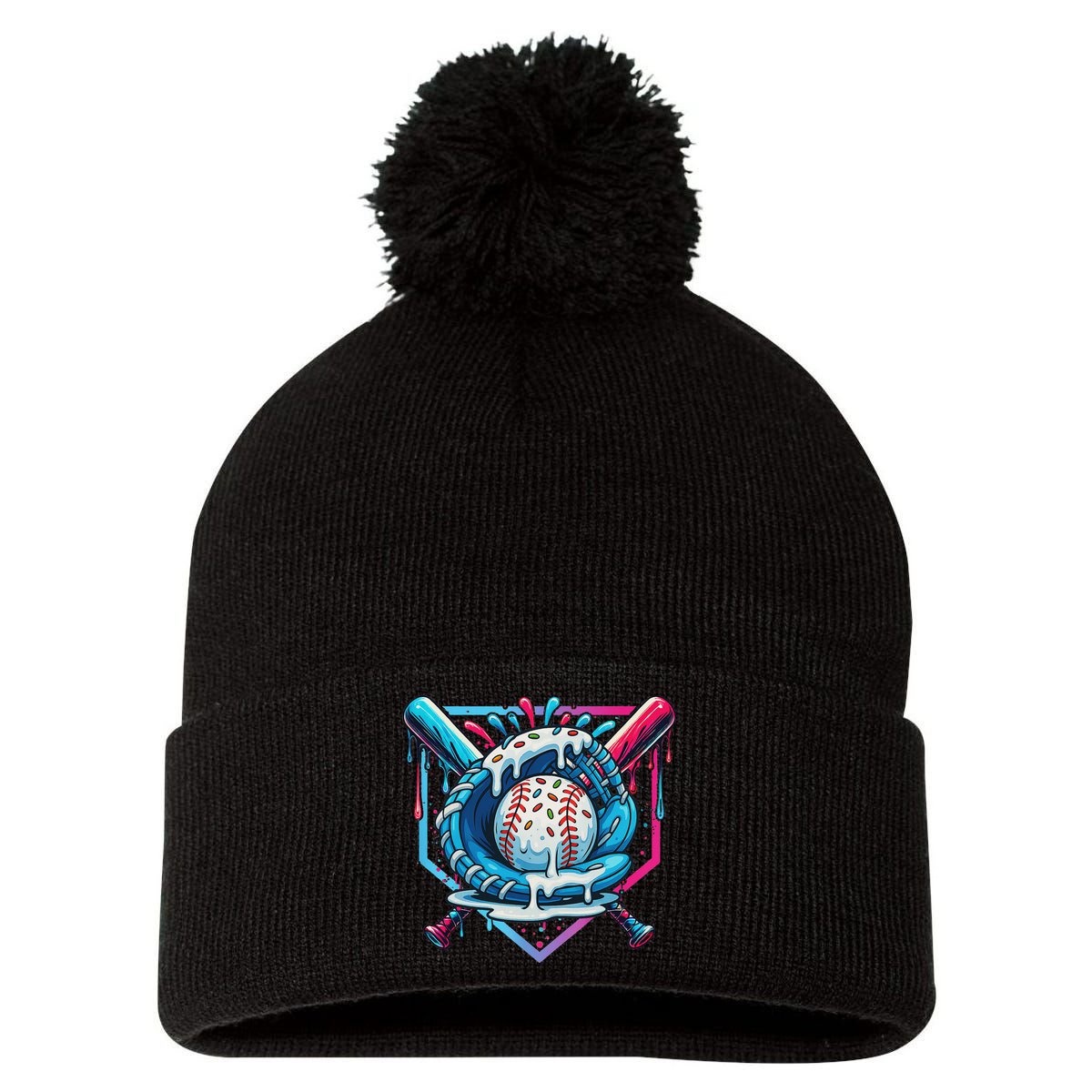 Baseball Drip For Ice Cream Drip Baseball Pom Pom 12in Knit Beanie