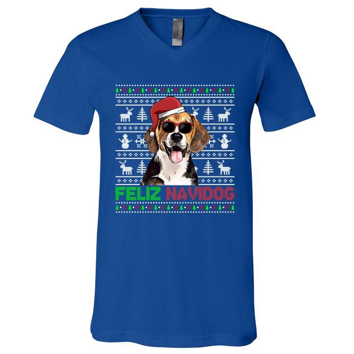 Beagle Dog Feliz Navidog Funny Christmas Gift V-Neck T-Shirt