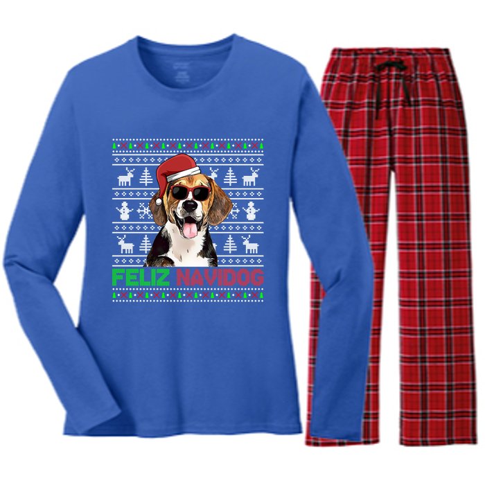 Beagle Dog Feliz Navidog Funny Christmas Gift Women's Long Sleeve Flannel Pajama Set 