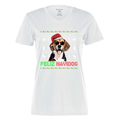 Beagle Dog Feliz Navidog Funny Christmas Gift Women's Momentum V-Neck T-Shirt