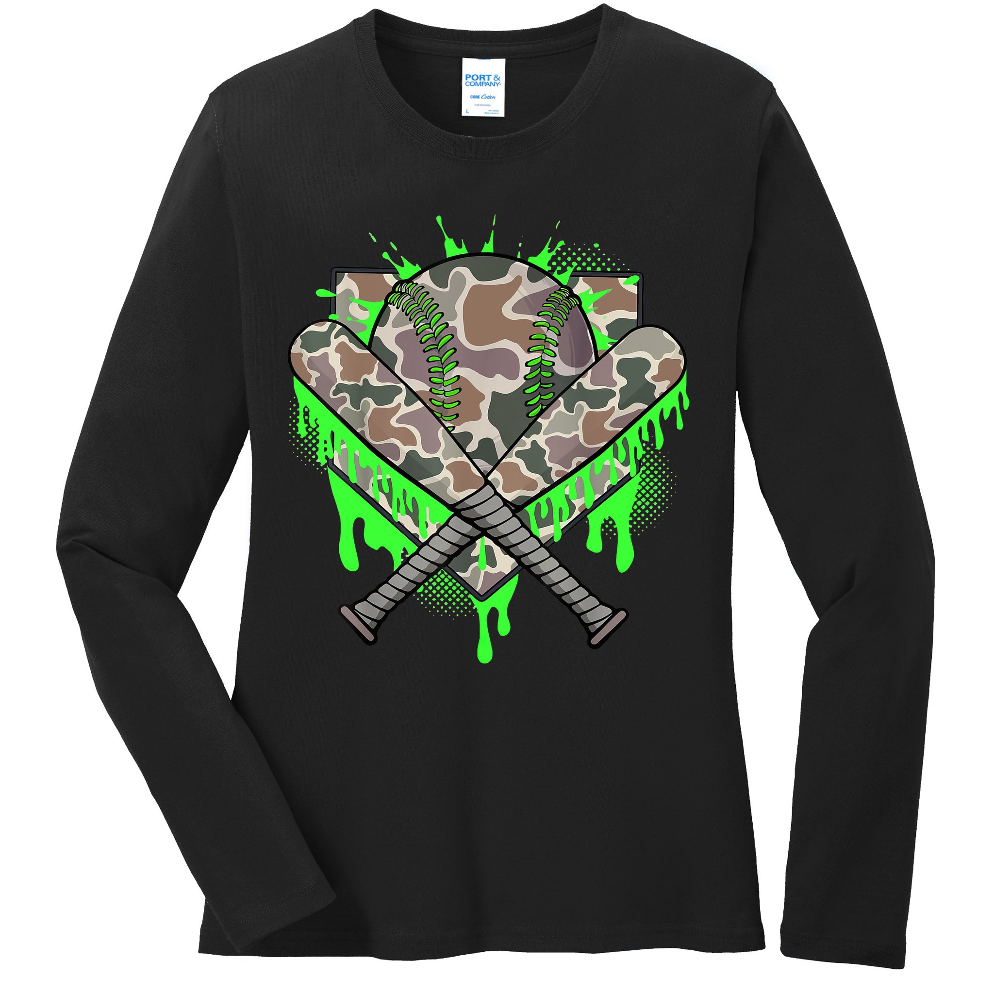 Baseball Drip For Boy Ice Cream Dripping Boy Baseball Camo  Ladies Long Sleeve Shirt