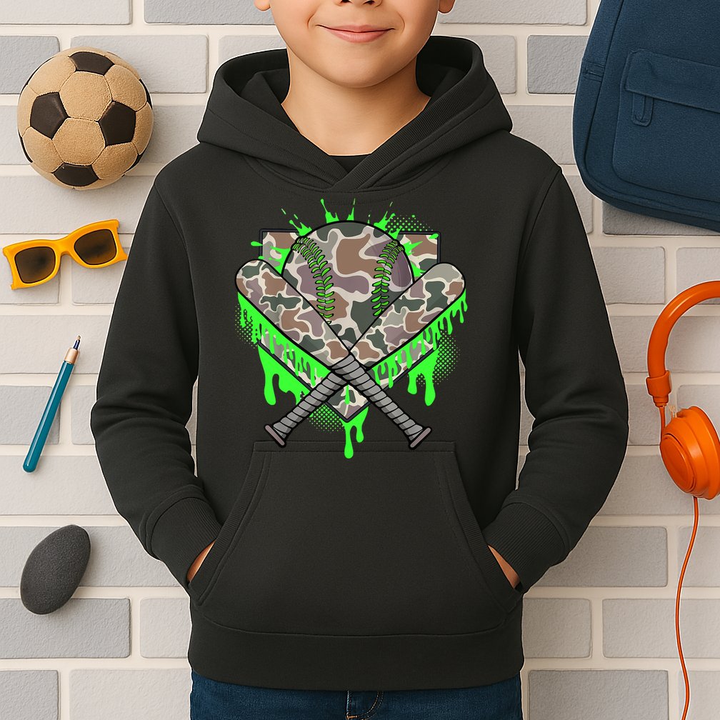Baseball Drip For Boy Ice Cream Dripping Boy Baseball Camo  Kids Hoodie