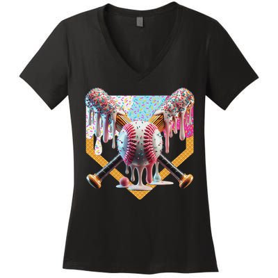 Baseball Drip For Ice Cream Drip For Boy Baseball Women's V-Neck T-Shirt