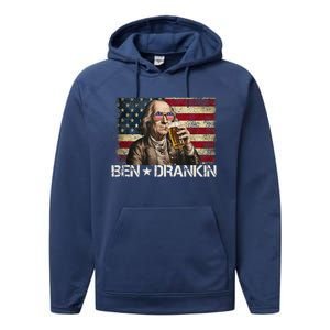 Ben Drankin Funny Beer 4th Of July Retro Usa Flag 4 July Performance Fleece Hoodie