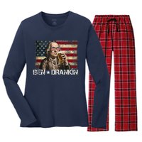 Ben Drankin Funny Beer 4th Of July Retro Usa Flag 4 July Women's Long Sleeve Flannel Pajama Set 