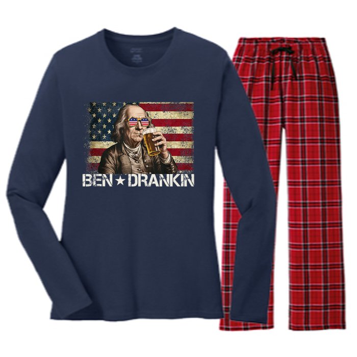 Ben Drankin Funny Beer 4th Of July Retro Usa Flag 4 July Women's Long Sleeve Flannel Pajama Set 