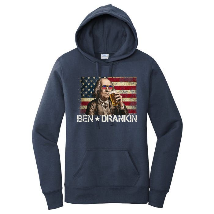 Ben Drankin Funny Beer 4th Of July Retro Usa Flag 4 July Women's Pullover Hoodie