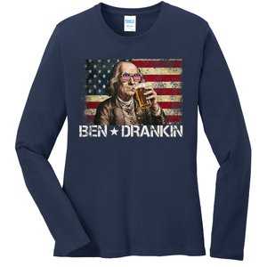 Ben Drankin Funny Beer 4th Of July Retro Usa Flag 4 July Ladies Long Sleeve Shirt