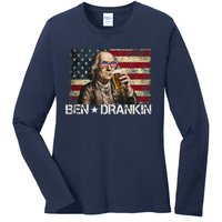 Ben Drankin Funny Beer 4th Of July Retro Usa Flag 4 July Ladies Long Sleeve Shirt