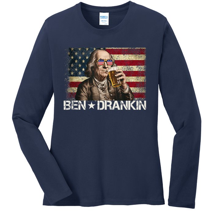 Ben Drankin Funny Beer 4th Of July Retro Usa Flag 4 July Ladies Long Sleeve Shirt