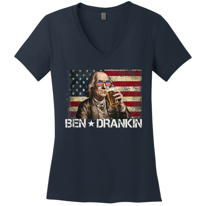 Ben Drankin Funny Beer 4th Of July Retro Usa Flag 4 July Women's V-Neck T-Shirt