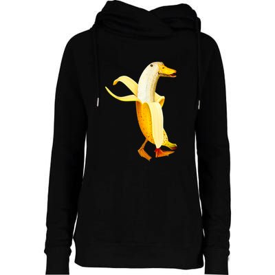 Banana Duck. Funny Anthropomorphic Fruit Animals Womens Funnel Neck Pullover Hood