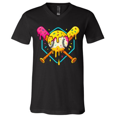 Baseball Drip For Home Plate Ice Cream Drip Sport V-Neck T-Shirt