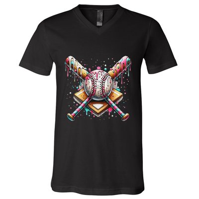 Baseball Drip For Ice Cream With Sprinkles Drip V-Neck T-Shirt