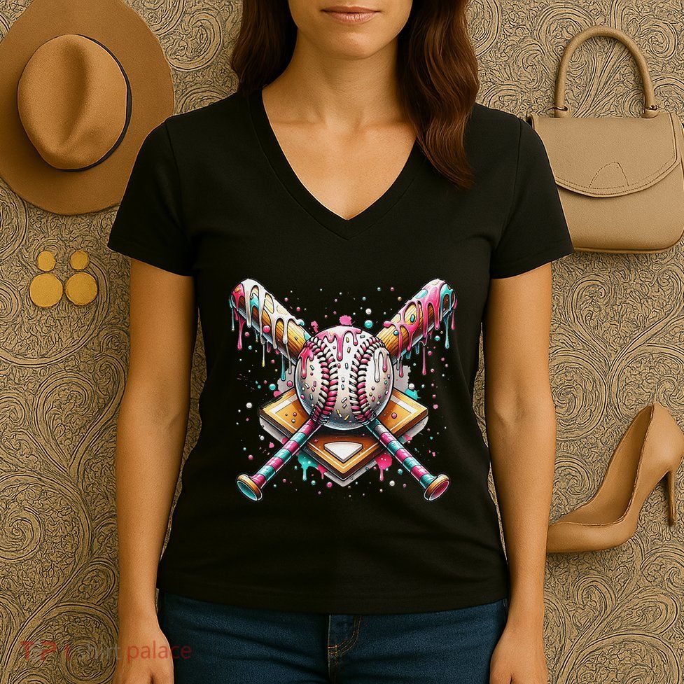 Baseball Drip For Ice Cream With Sprinkles Drip Women's V-Neck T-Shirt