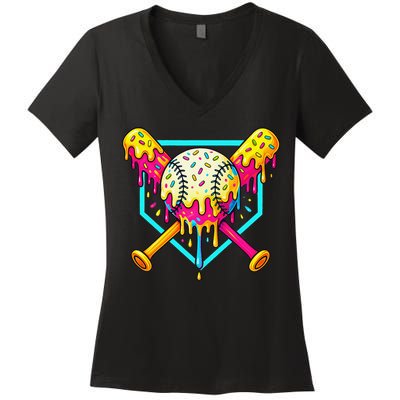 Baseball Drip For Home Plate Ice Cream Drip Sport Women's V-Neck T-Shirt