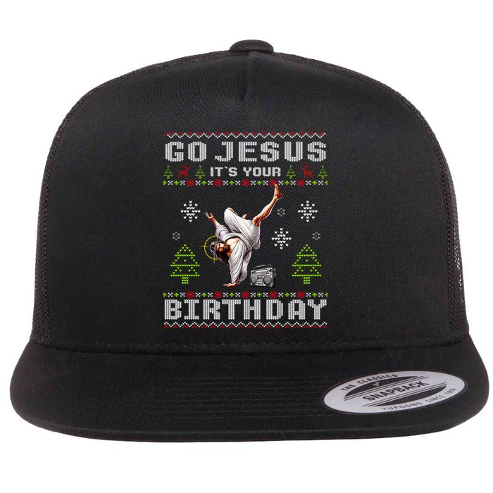 Break Dance Go Jesus ItS Your Birthday Merry Christmas Day Flat Bill Trucker Hat