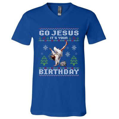 Break Dance Go Jesus ItS Your Birthday Merry Christmas Day V-Neck T-Shirt