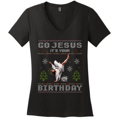 Break Dance Go Jesus It's Your Birthday Merry Christmas   Women's V-Neck T-Shirt