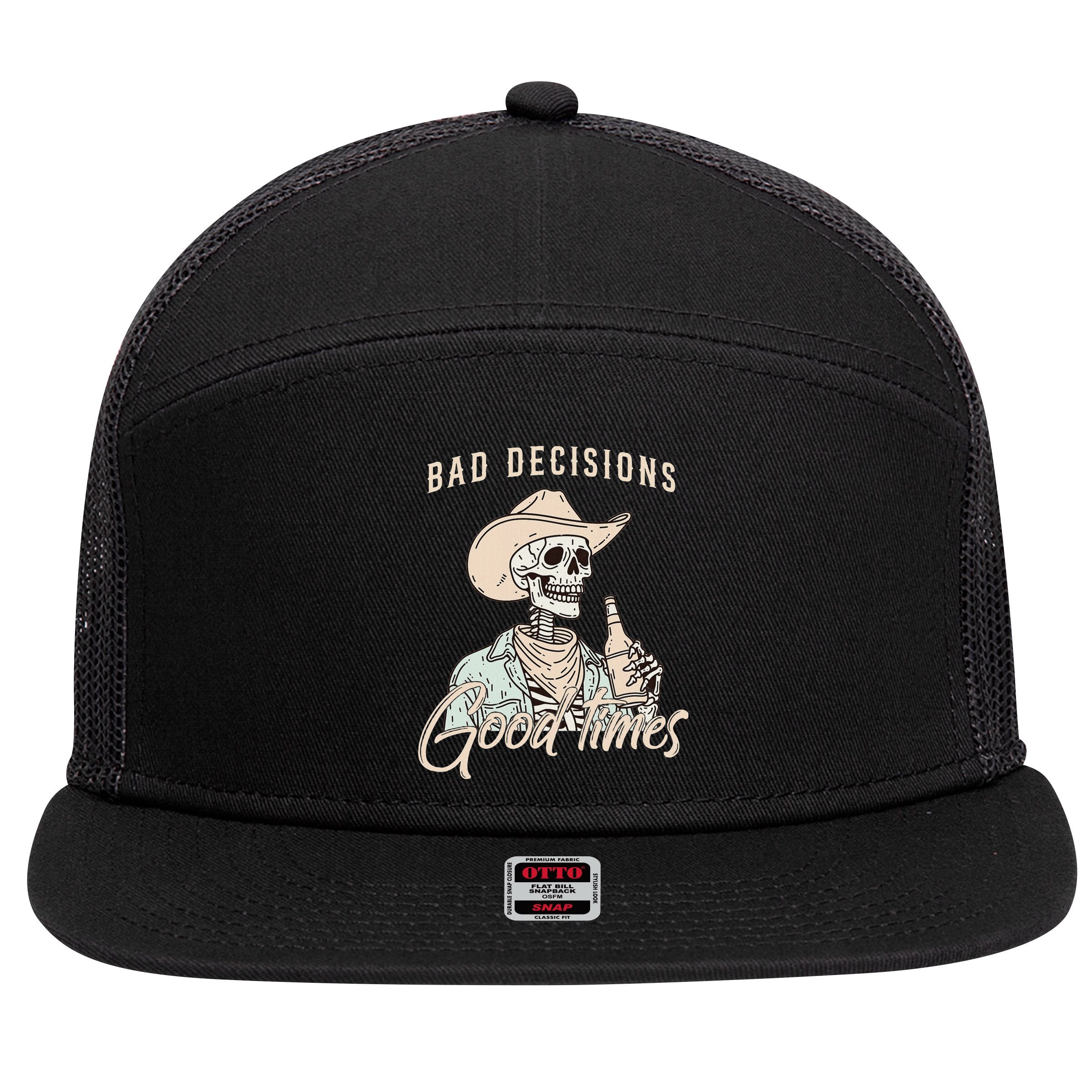 Bad Decisions Good Times Skeleton Cowboy 7 Panel Mesh Trucker Snapback Hat