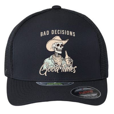 Bad Decisions Good Times Skeleton Cowboy Flexfit Unipanel Trucker Cap