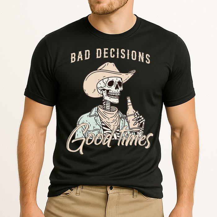 Bad Decisions Good Times Skeleton Cowboy Cooling Performance Crew T-Shirt