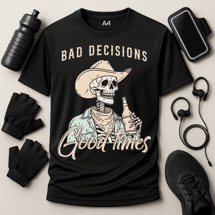 Bad Decisions Good Times Skeleton Cowboy Cooling Performance Crew T-Shirt