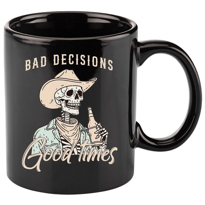 Bad Decisions Good Times Skeleton Cowboy 11oz C Handle Ceramic Mug