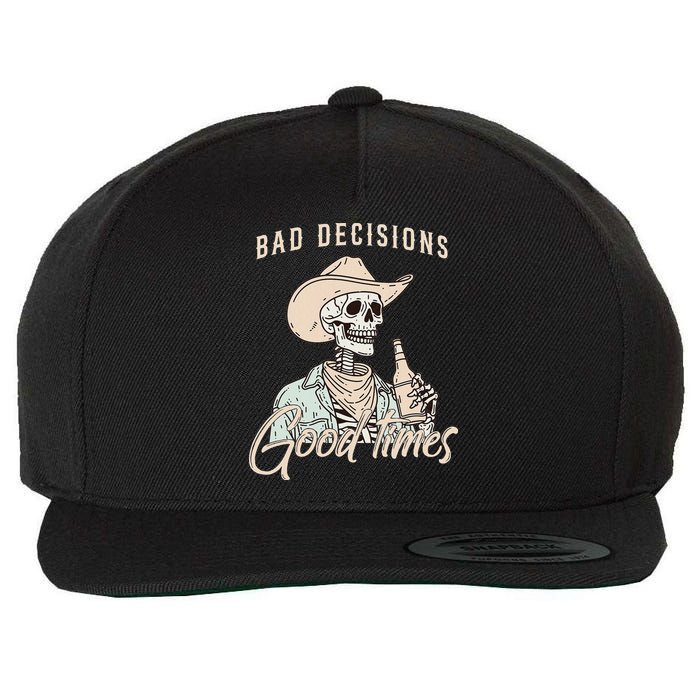Bad Decisions Good Times Skeleton Cowboy Wool Snapback Cap