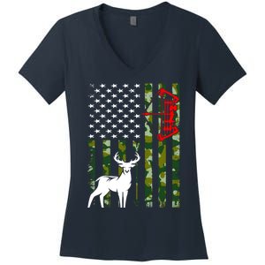 Buck Deer Hunting American Flag Camouflage Bow Hunting Women's V-Neck T-Shirt