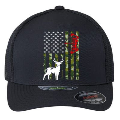 Buck Deer Hunting American Flag Camouflage Bow Hunting Flexfit Unipanel Trucker Cap