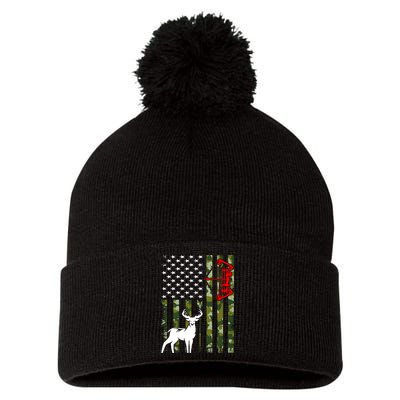 Buck Deer Hunting American Flag Camouflage Bow Hunting Pom Pom 12in Knit Beanie