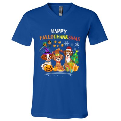 Beagle Dog Halloween Merry Christmas Happy Hallothanksmas Gift V-Neck T-Shirt