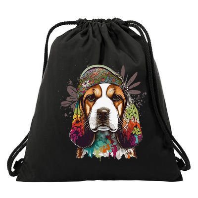 Beagle Dog Hippie Funny dog lovers Drawstring Bag