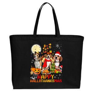 Beagle Dog Halloween Merry Christmas Happy Hallothanksmas Gift Cotton Canvas Jumbo Tote