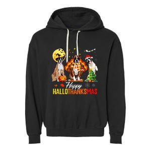 Boxer Dog Happy Hallothanksmas Halloween Thanksgiving Xmas Garment-Dyed Fleece Hoodie