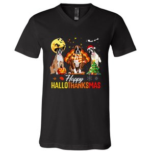 Boxer Dog Happy Hallothanksmas Halloween Thanksgiving Xmas V-Neck T-Shirt