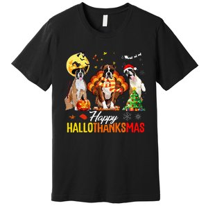 Boxer Dog Happy Hallothanksmas Halloween Thanksgiving Xmas Premium T-Shirt