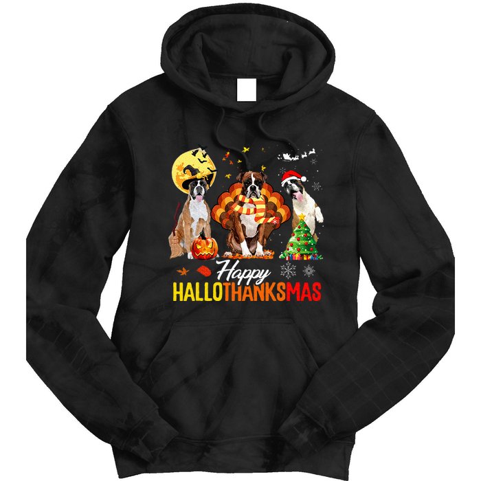 Boxer Dog Happy Hallothanksmas Halloween Thanksgiving Xmas Tie Dye Hoodie