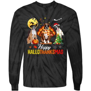 Boxer Dog Happy Hallothanksmas Halloween Thanksgiving Xmas Tie-Dye Long Sleeve Shirt