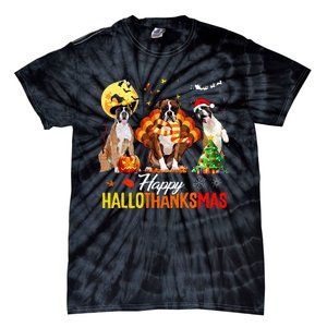 Boxer Dog Happy Hallothanksmas Halloween Thanksgiving Xmas Tie-Dye T-Shirt