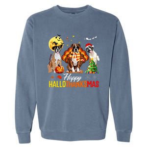 Boxer Dog Happy Hallothanksmas Halloween Thanksgiving Xmas Garment-Dyed Sweatshirt