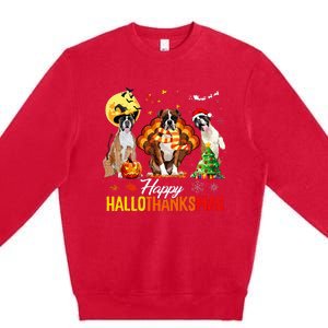 Boxer Dog Happy Hallothanksmas Halloween Thanksgiving Xmas Premium Crewneck Sweatshirt