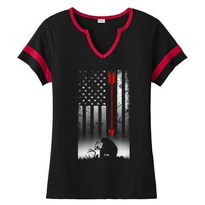 Bow Deer Hunting American Flag For Bow Hunting Ladies Halftime Notch Neck Tee